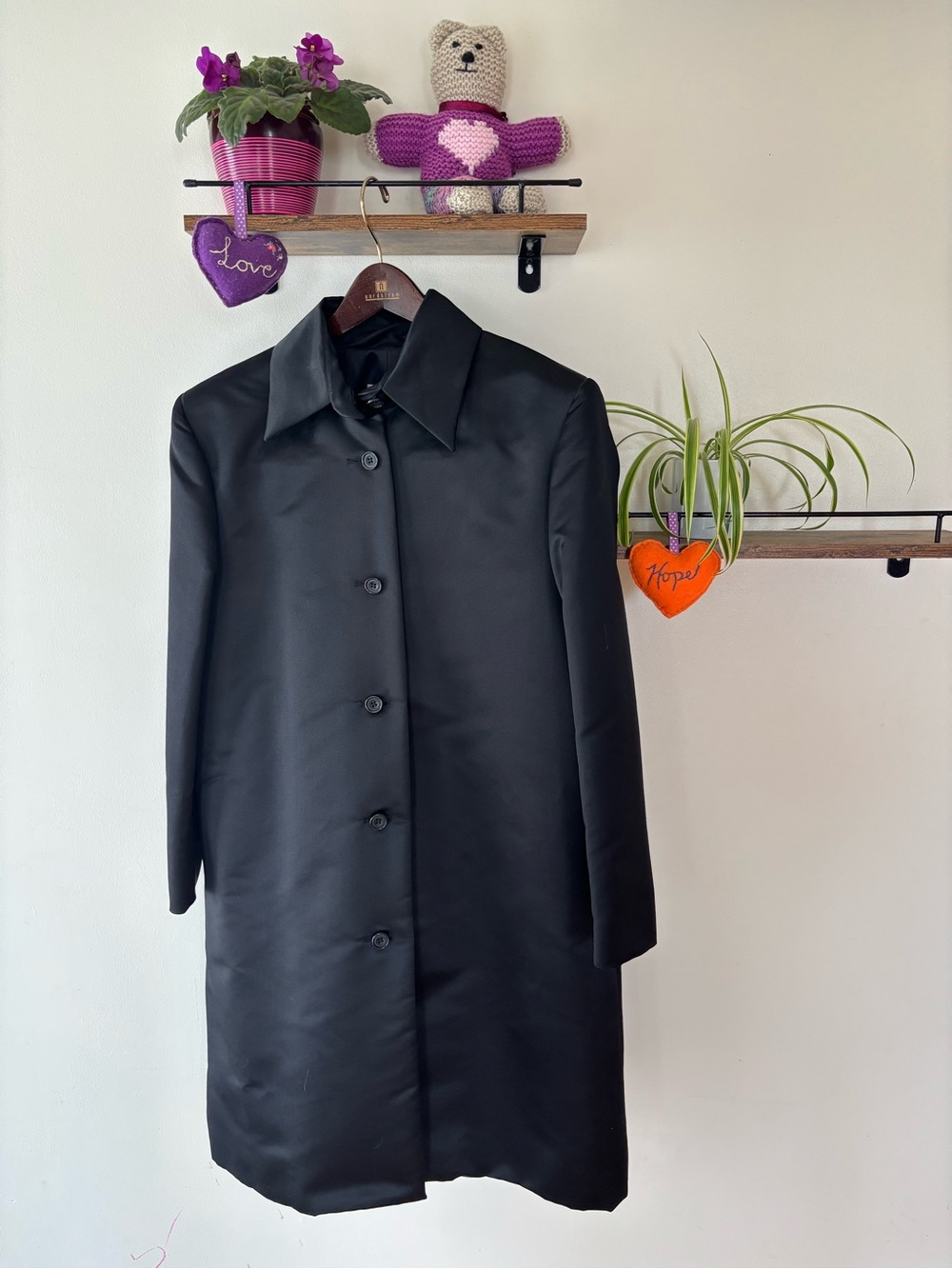 Vintage Anthem Made in England Black Satin Trench Overcoat